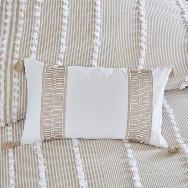 JLA Home Harbor House Blue - Embroidered Cotton Faux-Linen Oblong Pillow with Taupe Stitching and Tassel Accents for Coastal Charm 20 L x 12 W x 5H HH30-1694