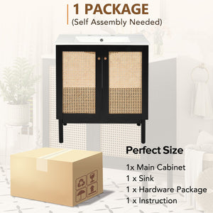 English Elm 30-inch bathroom vanity with handwoven rattan doors, ceramic sink, soft-close hinges, black bamboo elegance N729P285517B