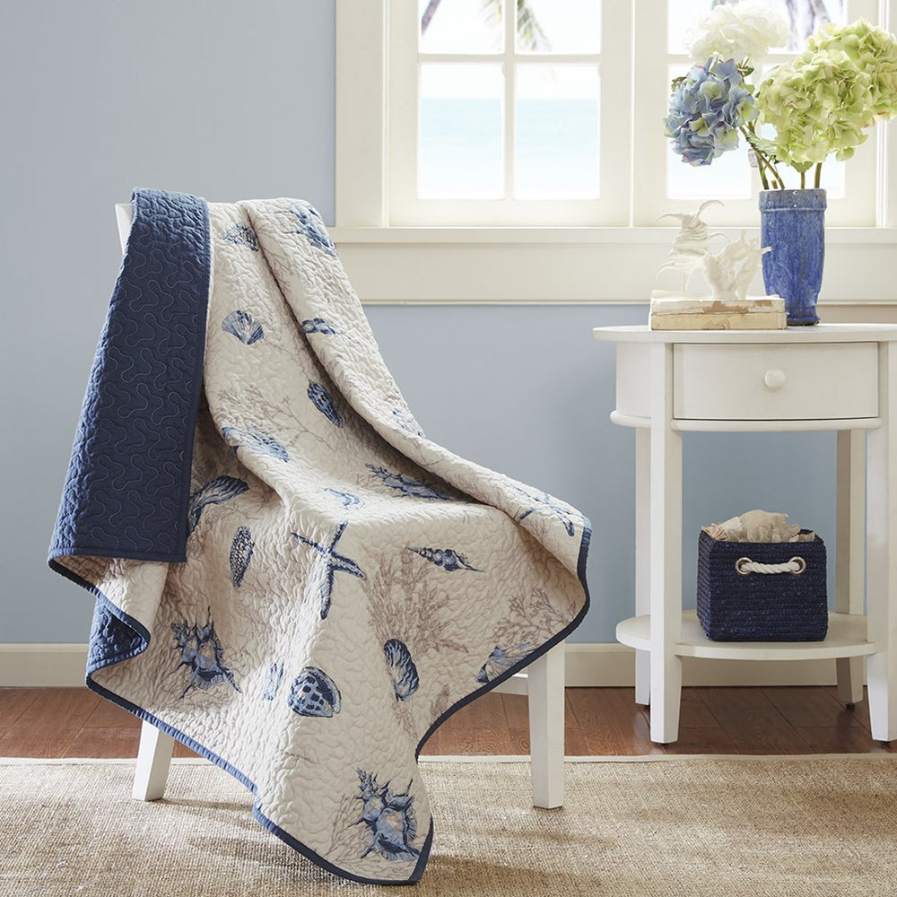 JLA Home Madison Park - Oversized Coastal Seashell Quilted Microfiber Throw — Plush Overfilled, Reversible Blue-Taupe Design MP50-1970