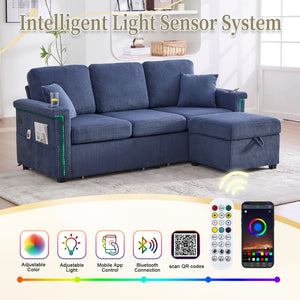 English Elm UNITED Corduroy L-Shaped Sectional Sofa with Storage Ottoman, USB Ports, Cup Holders & LED Lighting Navy W1568P332406