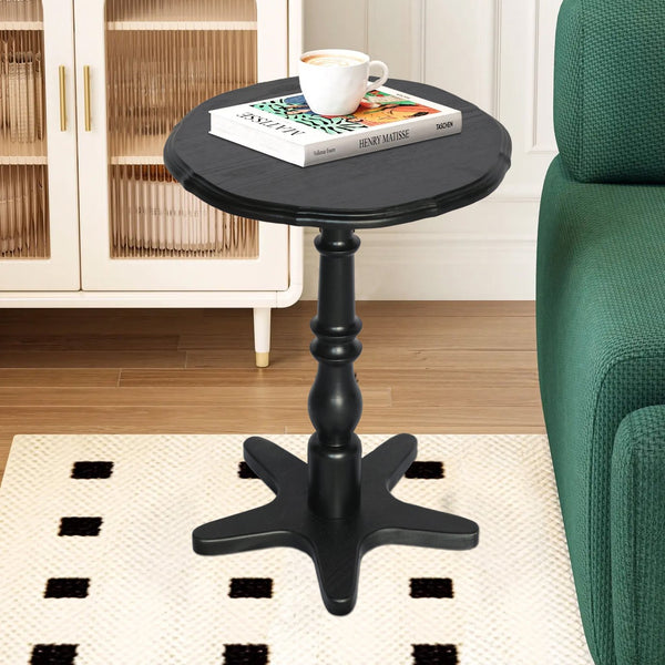 English Elm 15.75 inch Round Small End Table Vintage Wooden Pedestal Side Table with Rounded Top and Easy Assembly Black W2295P339121