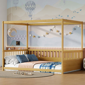 English Elm Full Canopy Bed Frame with Guardrails for Kids Full Size Pine Wood Montessori Floor Bed Cozy Canopy Natural Wood W1858P252841