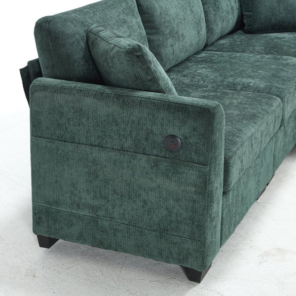 English Elm Modern Chenille L-shaped Sectional with Usb Charging Ottoman Storage Living Room Couch Green W2120S00017