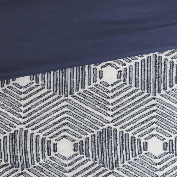 English Elm King/Cal Ellipse Cotton Jacquard Duvet Cover Set - Navy Geometric Clipped Jacquard, OEKO-TEX, Reversible B035129132