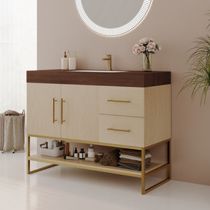 English Elm 36" Freestanding Bathroom Vanity Sintered Stone Top Brushed Gold Legs Wood Cabinet W3136S00056