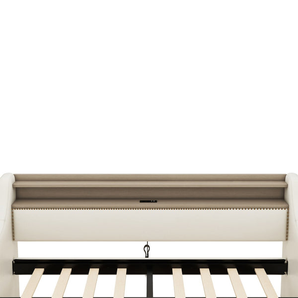 English Elm Twin Size Daybed With Storage Drawers, Charging Station & Led Lights - Stylish Beige Upholstered Design W1580S00033-GIGA