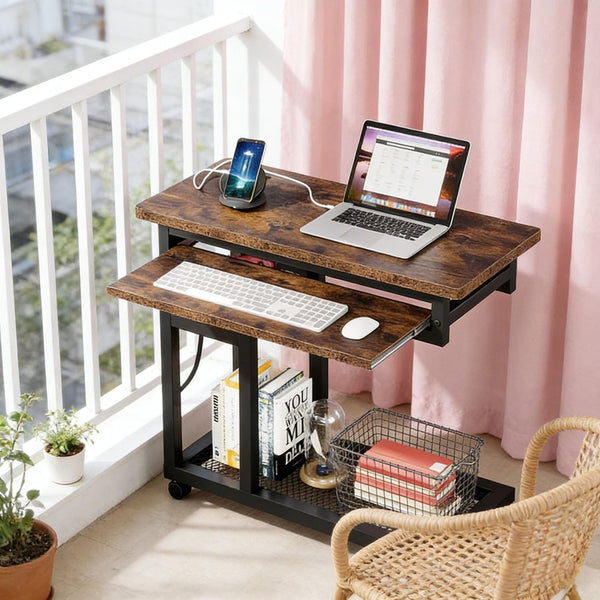 English Elm Side Rolling C Table with Adjustable Height Keyboard Tray and Built in Charging Outlet T3971P448106