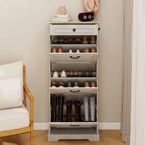 English Elm Shoe Storage Cabinet - Slim Freestanding Organizer With 1 Drawer, 3 Flip Drawers & Adjustable Shelf W1120P290634-GIGA