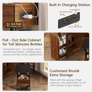 English Elm Corner Vanity Desk Set with Stool Charging Station Glass Top Pull-Out Cabinet Jewelry Organizer Walnut 35.82 L x 32 W x 8 H N733P336237D