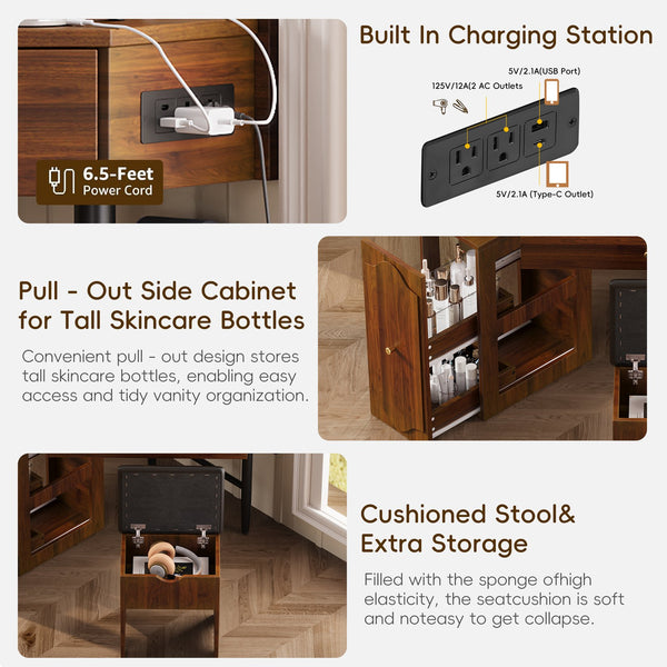 English Elm Corner Vanity Desk Set with Stool Charging Station Glass Top Pull-Out Cabinet Jewelry Organizer Walnut 35.82 L x 32 W x 8 H N733P336237D