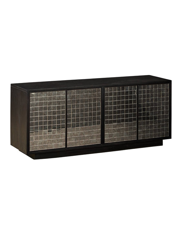 Currey & Company Mosaico Credenza: Stunning Antique Mirror Mosaic Design In Black Mango Wood - Elegant Storage Solution Black Mango Wood ,Glass 3000-0330-currey-company