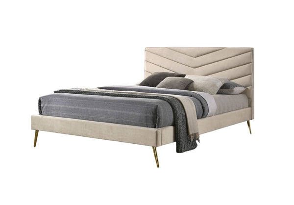 English Elm Mid-century Chevron Tufted Headboard Full Bed with Gold-Plated Legs, Flannelette Upholstery, Art Deco Flair Beige 80 L x 11 W x 10 H B011S00900