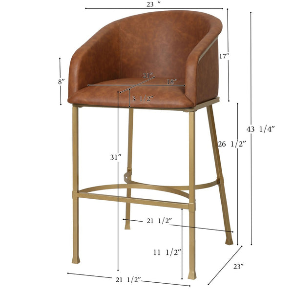 English Elm 31" Barrel Back Barstool Faux Leather Foam Padded Seat Gold Steel Frame for Home Bar Brown Pu B2751P436477