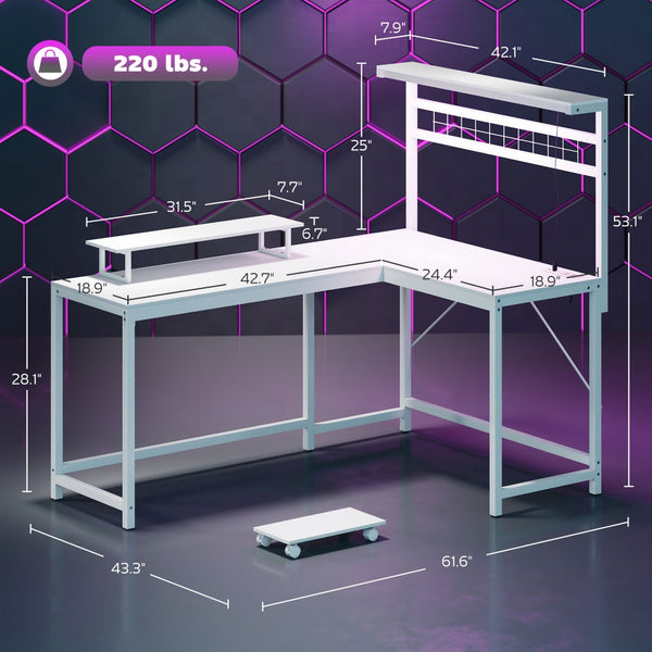 English Elm Computer L Shaped Gaming Desk with Rgb Lighting Power Hub Monitor Stand and Cpu Shelf T3971P411845
