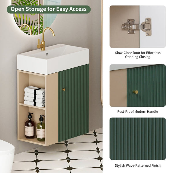 English Elm 21.6" Wall Mounted Bathroom Vanity Ceramic Sink Open Shelf Soft Close Green W1573S00088