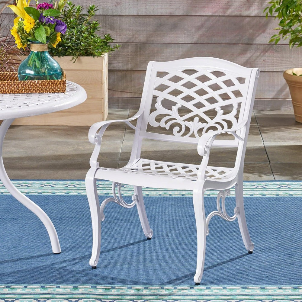English Elm Dieter Cast Aluminum Round Outdoor Dining Set Seats Four with Scrollwork Lattice Detail N776P381164W-4_54588.00WHI