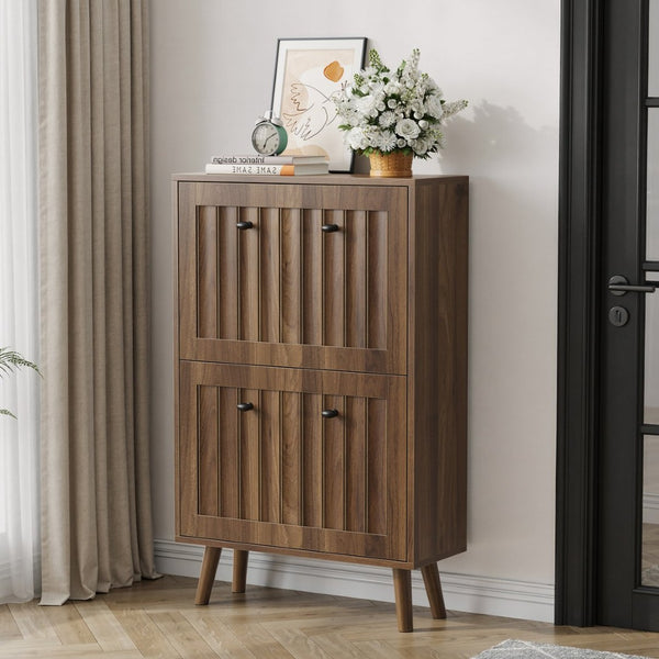English Elm Medieval-style Entryway Shoe Cabinet Walnut Tilt-out Storage Grooved Upright Unit W1706P465289