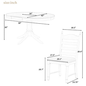 English Elm Trexm Rubberwood Round Extendable Pedestal Dining Set with Ladder Back Upholstered Chairs Antique White ST000091AAK
