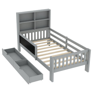 English Elm Twin Chalkboard Platform Bed with Drawers & Shelves, Solid Wood Kids Bed with Storage and Creative Headboard Grey W1580P362706