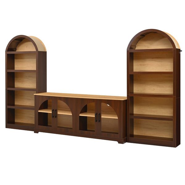 English Elm 3-piece Farmhouse Entertainment Center with Arched Glass Doors and Open Tower Shelving Walnut N721S000070P