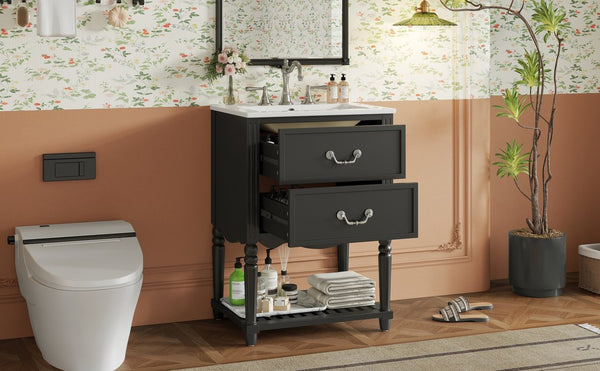 English Elm 24'' Vintage Bathroom Vanity with Ceramic Sink Soft Close Drawers Open Shelf Black N710P411237B