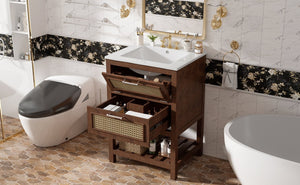 English Elm 24" Rattan Front Bathroom Vanity with Ceramic Sink Deep Drawer Storage Mdf Cabinet Dark Brown N710P293990P