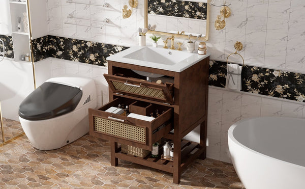 English Elm 24" Rattan Front Bathroom Vanity with Ceramic Sink Deep Drawer Storage Mdf Cabinet Dark Brown N710P293990P