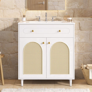 English Elm 30" Rattan Front Bathroom Vanity Solid Pine Cabinet with Ceramic Sink and Adjustable Shelf White N710P293988K