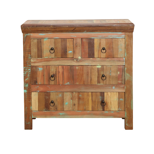 English Elm Lynden Reclaimed Wood Accent Cabinet with 4 Drawers, Rustic Acacia & Teak Finish, Ornate Metal Pulls B062P353466