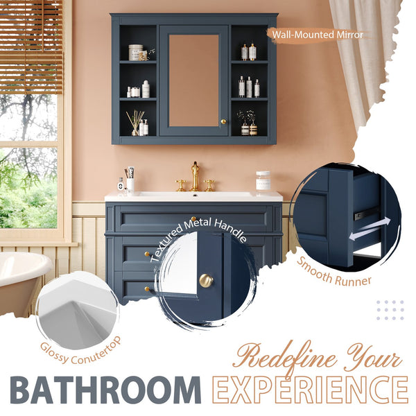 English Elm 36'' Modern Bathroom Vanity with Mirror Cabinet and Sink, Spacious Storage, Soft-Close Doors & Drawers Blue SW000134AAC-3