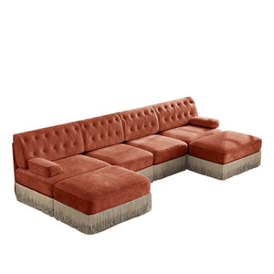 English Elm 4-seater Modular Sectional with Ottomans Tufted Fleece Sofa Tassel Skirt Retro Luxe Red+Brown W714S01727