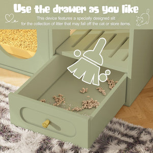 English Elm Cat Litter Box Cabinet with Led Lighting Acrylic Doors and Drawer Storage End Table Green N704P402444F