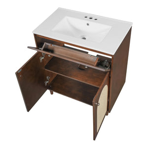 English Elm 30" Rattan Front Bathroom Vanity Solid Pine Cabinet with Ceramic Sink and Adjustable Shelf Walnut N710P293988P