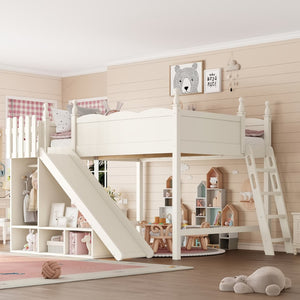 English Elm Queen Solid Pine Loft Bed with Wardrobe Shelves Detachable Slide and Dual Sleeping Zones Beige W5305S00028