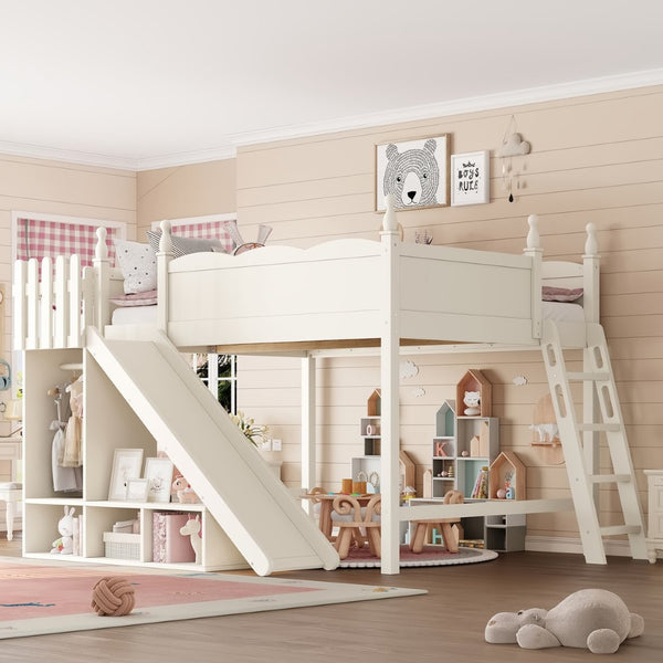 English Elm Queen Solid Pine Loft Bed with Wardrobe Shelves Detachable Slide and Dual Sleeping Zones Beige W5305S00028