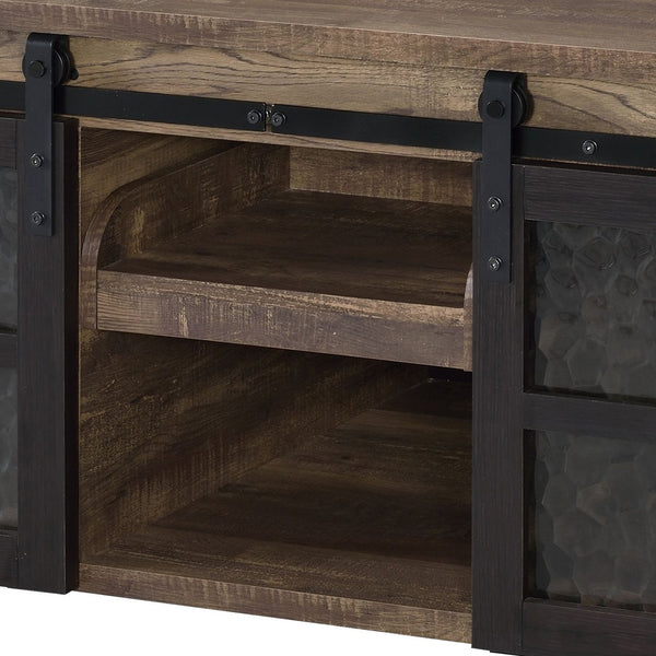 English Elm Rustic Oak and Black Coffee Table with Glass Sliding Barn Doors, Hidden Storage Compartments, 47.5" wide B062P181396