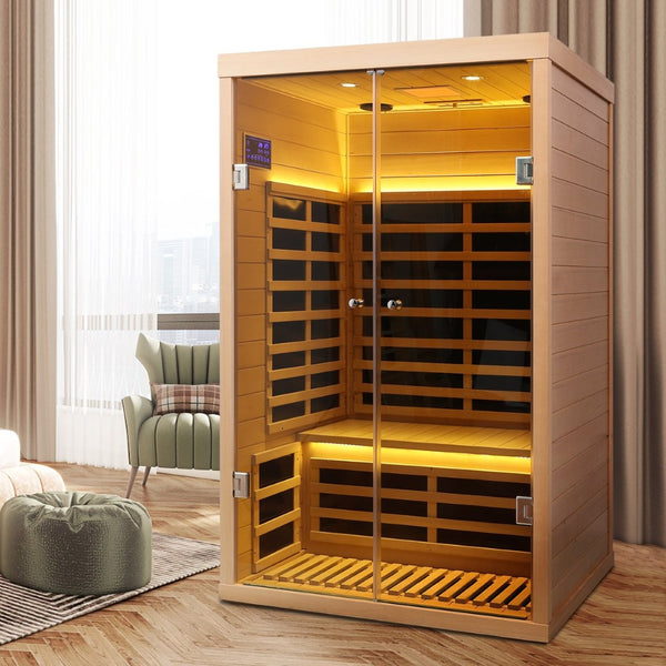 English Elm Low Emf Two Person Hemlock Far Infrared Sauna with Double Glass Doors and Bluetooth W632S00022