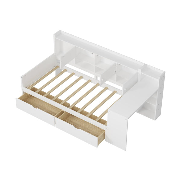 English Elm Wooden L-shape Twin Daybed with Desk Bookshelf and Nine Storage Compartments N733S351668K