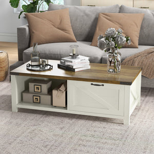 English Elm HOMCOM Rustic Farmhouse Coffee Table with Drawer & Open Shelf, Sturdy 132lb Capacity, White/Walnut W2225P200900