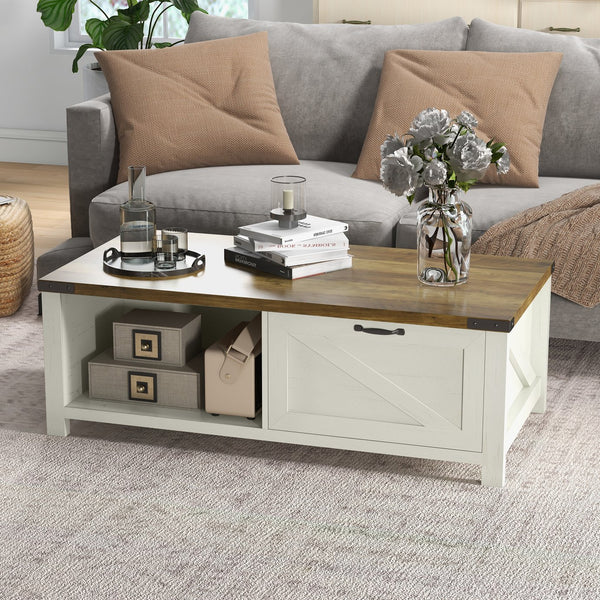 English Elm HOMCOM Rustic Farmhouse Coffee Table with Drawer & Open Shelf, Sturdy 132lb Capacity, White/Walnut W2225P200900
