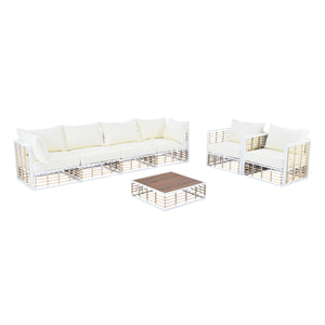 English Elm TOPMAX Modern Minimalist 7-Piece Metal Patio Sectional Sofa Set with All-Weather Rattan, Cushions and Coffee Table for Versatile Indoor Outdoor Entertaining White SP100026AAK
