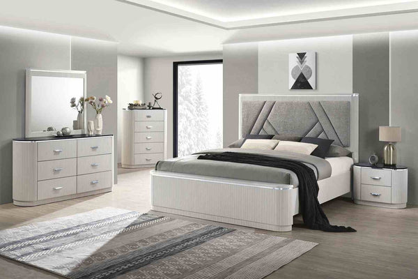 English Elm Contemporary Stone Top Nightstand Reeded Drawers Chrome Pulls Gray Bedroom Storage B2741P435313