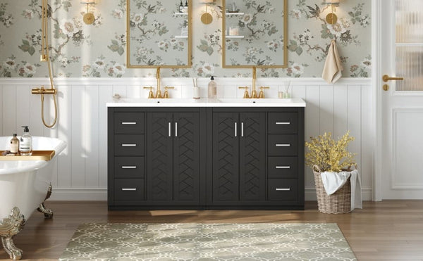 English Elm 60'' Bathroom Vanity Set With Ceramic Sink - Solid Wood Frame, Soft-Close Drawers & Ample Storage N710SS00001B