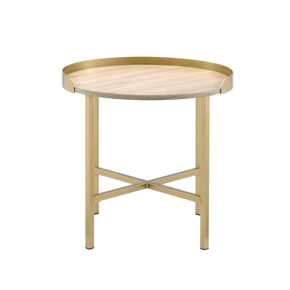 English Elm Modern Round Coffee Table with Cross-Bar Metal Base and Chic Metallic Finish for Elegant Living Spaces Gold,Oak 26 L x 26 W x 7 H B2741P337026