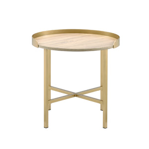 English Elm Modern Round Coffee Table with Cross-Bar Metal Base and Chic Metallic Finish for Elegant Living Spaces Gold,Oak 26 L x 26 W x 7 H B2741P337026