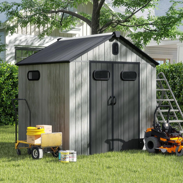 English Elm 6x6 Resin Outdoor Storage Shed with Lockable Door Skylight Vents and Wood Grain Finish W1859S00169
