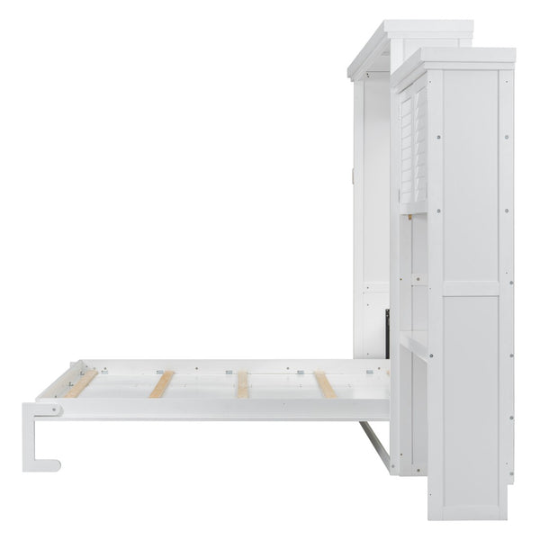 English Elm Queen Size Murphy Bed With Stylish Louvered Design, Multi-Storage Shelves, And Elegant White Finish N7090004018K-GIGA