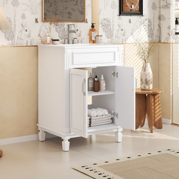 English Elm 24'' Bathroom Vanity with Sink - Solid Wood Frame, Glossy Ceramic Basin, Soft-Close Doors & Ample Storage Elegant Modern Design, Durable MDF Construction, Retro Metal Handles, Compact 24-inch Cabinet White N710P317675K