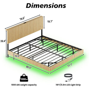 English Elm Oak Queen Floating Bed Walnut Finish Wavy Headboard Led Lighting Built in Charging W1820P408091