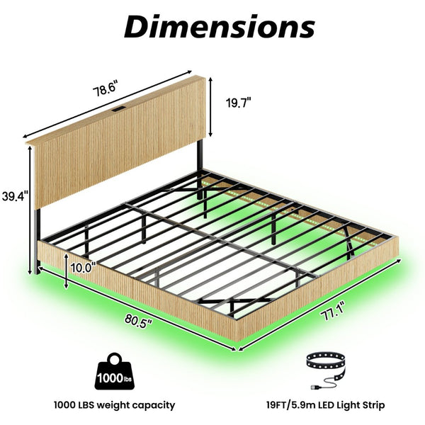 English Elm Oak Queen Floating Bed Walnut Finish Wavy Headboard Led Lighting Built in Charging W1820P408091